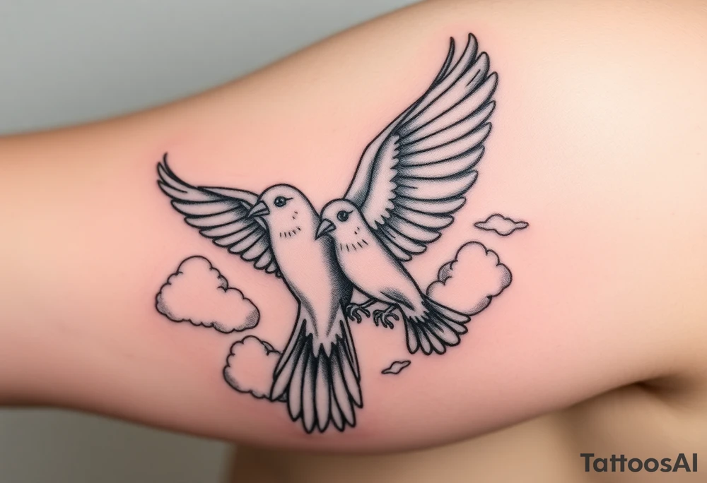 Dove and a blue jay, clouds, shining light to or from heaven tattoo idea