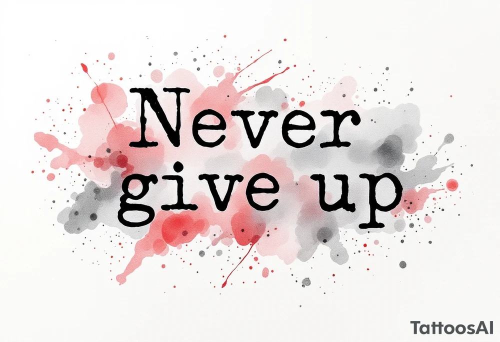 "Never give up" in typewriter font, with splashes of red and gray watercolor behind the text. tattoo idea