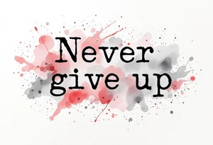 "Never give up" in typewriter font, with splashes of red and gray watercolor behind the text. tattoo idea