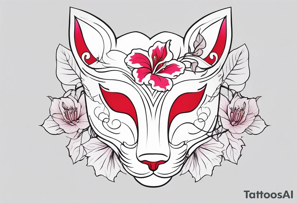 White japanese mask that looks like a kitsune with red accents and pink hibiscus flowers and vines surrounding it tattoo idea