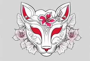 White japanese mask that looks like a kitsune with red accents and pink hibiscus flowers and vines surrounding it tattoo idea