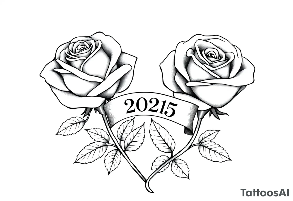 two beautiful large rose buds, one larger than the other, with many leaves next to the rose buds, with one sitting higher than the other. Include a banner connecting the two roses with "2025" on it.   Use dark outlines with little shading. The two stems should be short, not long, and connect and join into one stem, whimsically curved or twisted - not straight down. tattoo idea