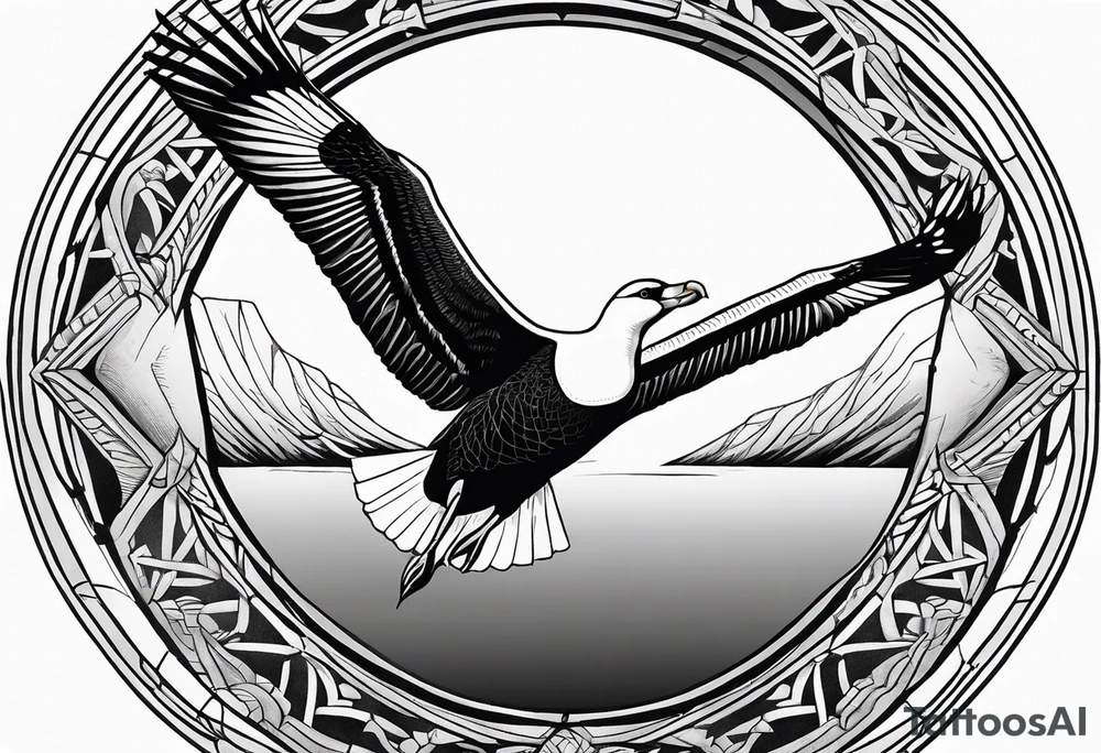 flying giant albatross symmetrical, circle background tattoo idea