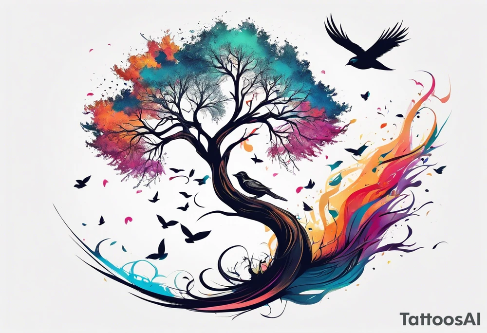 tree flying away bird tattoo idea