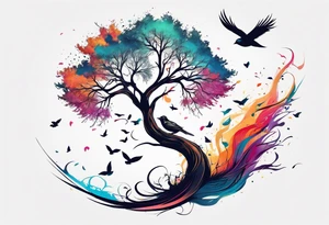 tree flying away bird tattoo idea