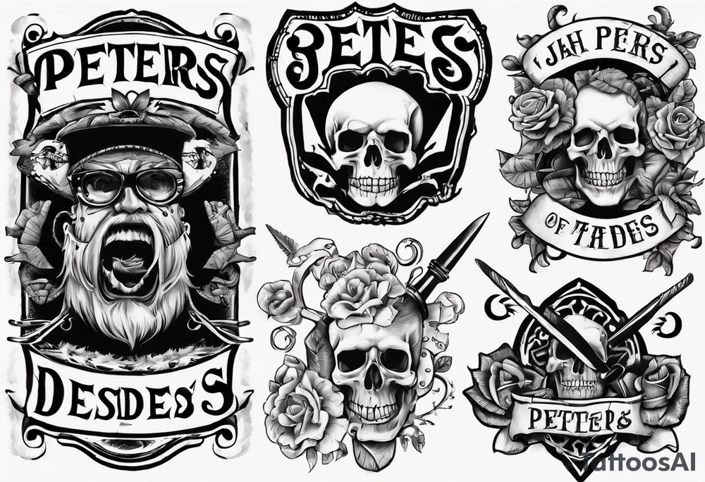 men’s arm sleeve, the name Peters, jack of all trades tattoo idea
