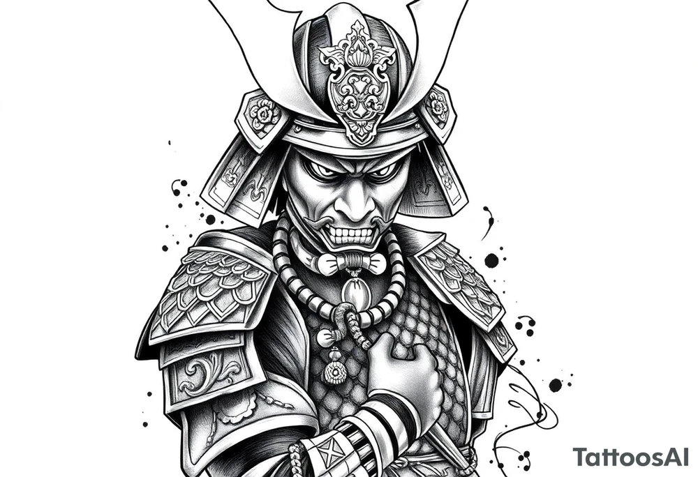 Japanese samurai warrior tattoo, highly detailed armor and helmet, traditional katana sword, intense warrior expression, ornamental patterns, bold linework, black and grey ink style, ink wash shading, centered layout, designed for forearm tattoo with future full sleeve expansion, minimal background ratio 2:3 vertical tattoo idea
