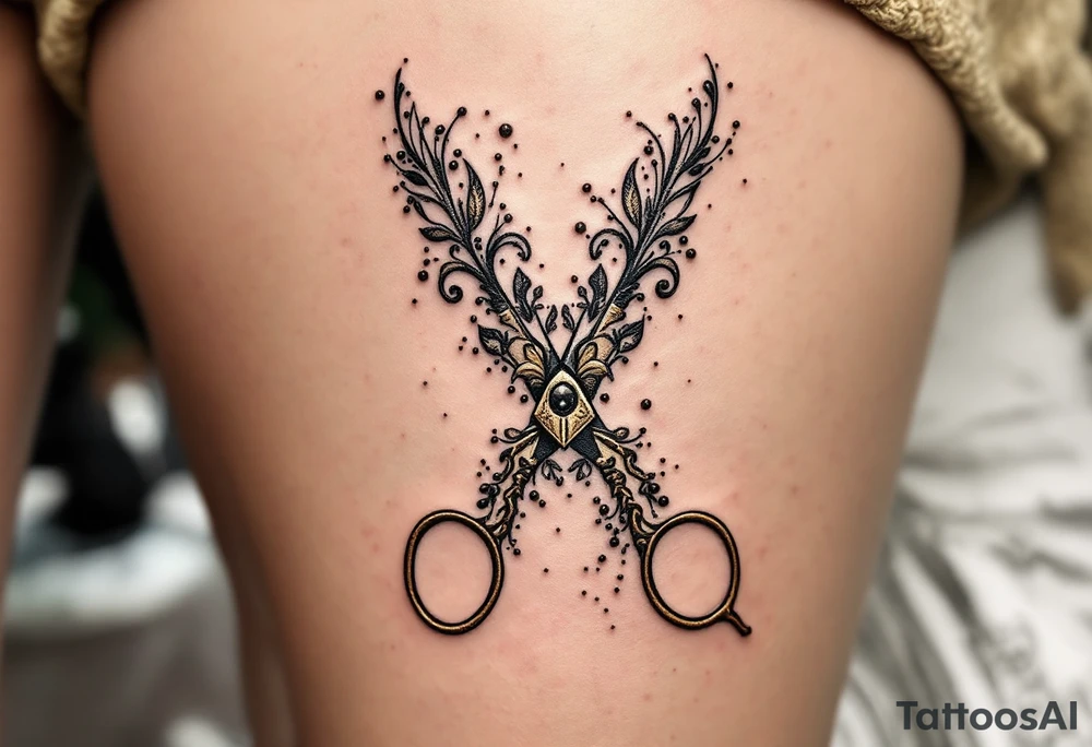 Scissors and Sewing Machine Tattoo – A pair of old-fashioned brass scissors paired with a sewing machine, shaded in earth tones like brown, tan, and gold, creating a nod to craftsmanship and sewing artistry. tattoo idea