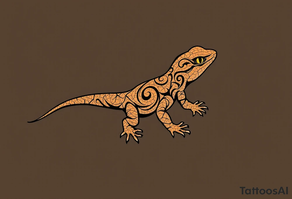 Tribal desert lizard with cracked earth texture – A sleek, agile lizard in motion, designed with tribal curves and sharp angles along its spine. Its skin mimics the pattern of sunbaked, cracked earth, blending tones of burnt orange, dusty brown, and charcoal black. The tail coils elegantly, forming a spiral, while the eyes gleam in golden yellow, symbolizing survival, transformation, and primal instincts. tattoo idea