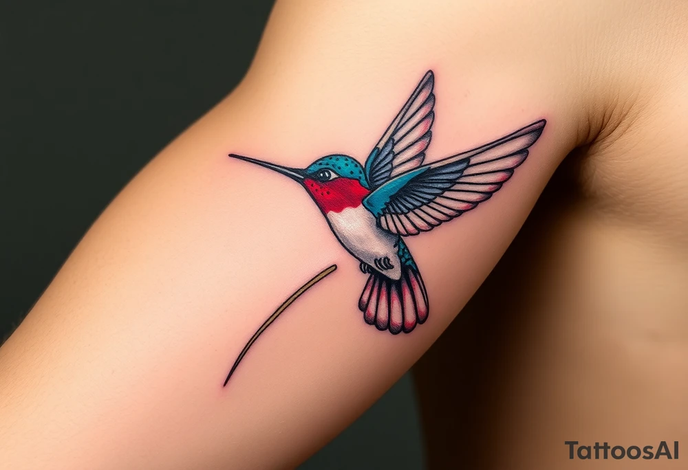 A hummingbird flying through the Eye of Horus, leaving a trail of golden energy, (only red , blue and black are possible colors) tattoo idea