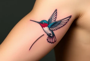 A hummingbird flying through the Eye of Horus, leaving a trail of golden energy, (only red , blue and black are possible colors) tattoo idea