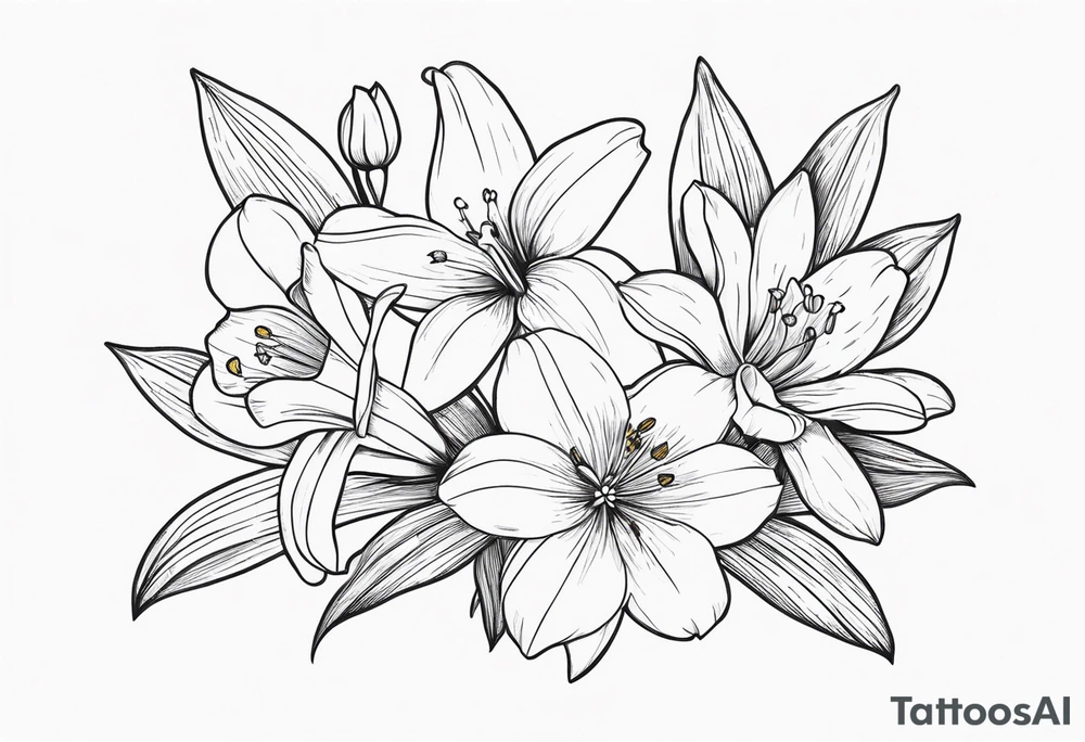 bouquet of flowers containing one lily, one daisy, one daffodil, and one narcissus. fine line with the stems in a bouquet tied by a bow. tattoo idea