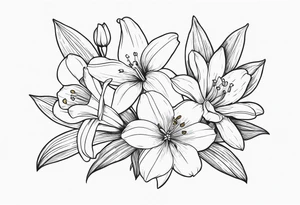 bouquet of flowers containing one lily, one daisy, one daffodil, and one narcissus. fine line with the stems in a bouquet tied by a bow. tattoo idea