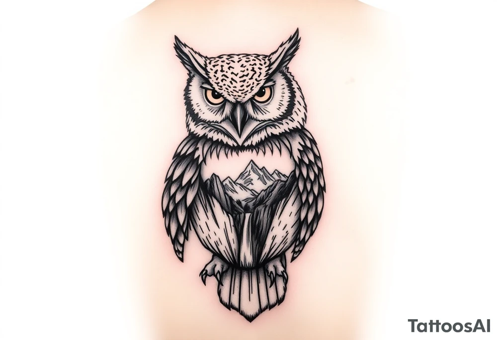 Fierce owl with yosemite falls background in the tummy of the owl black fine line tattoo tattoo idea