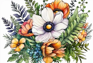 Simple Multicolored wild flowers bouquet with ferns and white anemone all watercolor tattoo idea