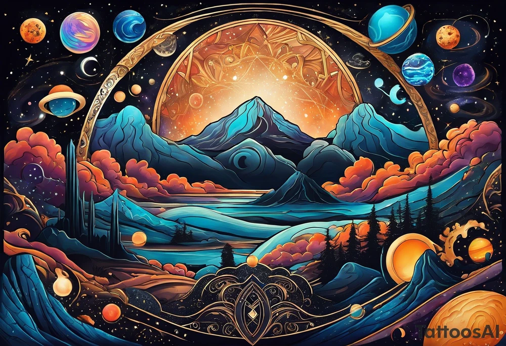 A tattoo featuring a cosmic scene with planets, black holes, and supernovae intertwined with intricate linguistic symbols, reflecting the client's interests in cosmology and linguistics. tattoo idea