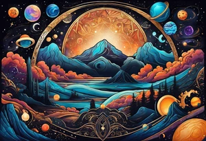 A tattoo featuring a cosmic scene with planets, black holes, and supernovae intertwined with intricate linguistic symbols, reflecting the client's interests in cosmology and linguistics. tattoo idea