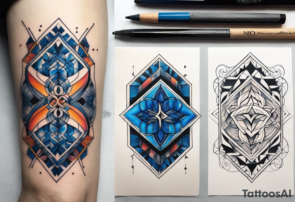 semi Detailed neo traditional knee tattoo flat on paper. The tattoo features geometric patterns and bold lines, creating a visually striking design with slight tints of deep fall colors. The a background 
outside the tattoo features deep blues washes and water swirls tattoo idea