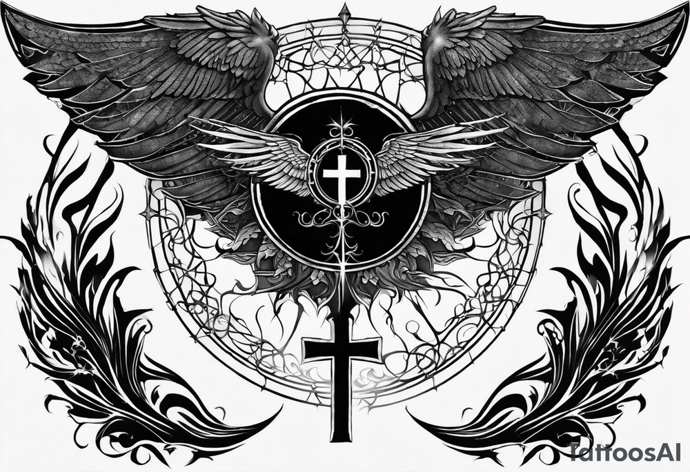 Male chest and neck tattoo with Coptic  Christian
Four cross Wings and Halo**: Combine elements of darkness and light by depicting demonic wings on one side and a halo on the other, both fading into shadowy tendrils that extend across your skin. This design could represent the internal conflict between sinful desires and divine guidance. tattoo idea