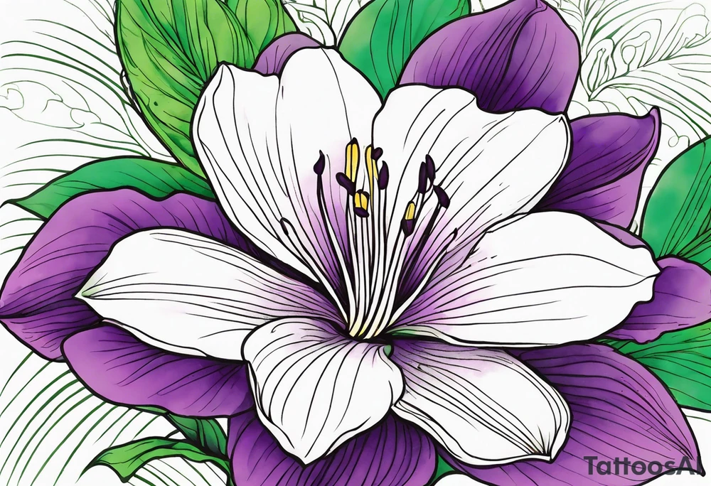 An outline of a rio dipladenia flower with a green and purple watercolor background tattoo idea