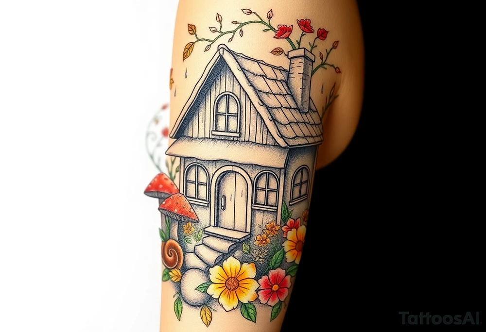 Fall themed cottage surrounded by mushrooms, a snail, add some falling leaves off the tree branches, falling rain, and fall themed flowers as background filler tattoo idea