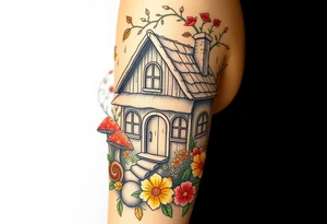 Fall themed cottage surrounded by mushrooms, a snail, add some falling leaves off the tree branches, falling rain, and fall themed flowers as background filler tattoo idea