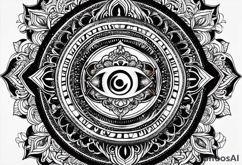 Combine the concept of the third eye with a mandala, incorporating religious symbols and intricate patterns, representing spiritual insight, intuition, and enlightenment. tattoo idea