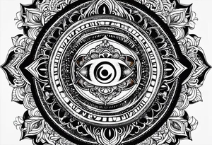 Combine the concept of the third eye with a mandala, incorporating religious symbols and intricate patterns, representing spiritual insight, intuition, and enlightenment. tattoo idea