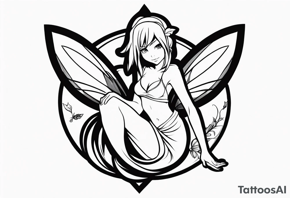 No color sketch of a fairy with a tail inspired by the guild symbol in the anime show called Fairy Tail in a fetal position leaning in and forward while crawled in tattoo idea