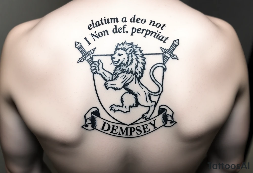 A rampant lion in between two swords surrounded by a shield. Above it are the words "elatum a deo non deprimat" inside on an outstretched scroll. And at the bottom it will say "DEMPSEY" inside of an outstretched scroll tattoo idea