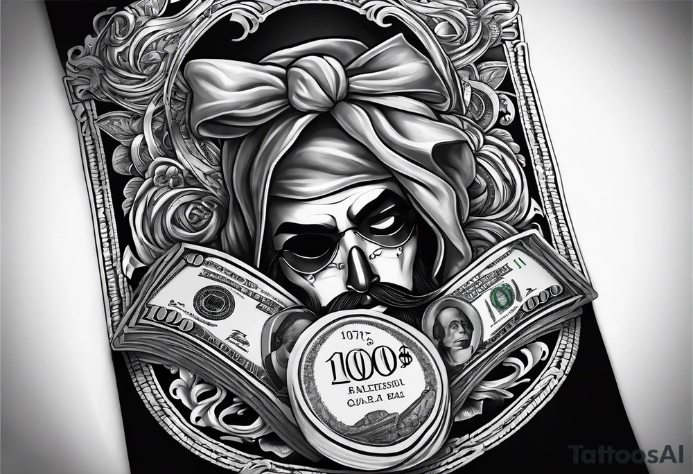 100 dollar bill with a money bag and a robber holding money bag tattoo idea