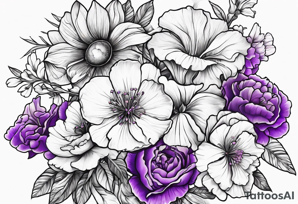 Violet and carnation flowers drawn like wild flowers and the letters SJS tattoo idea