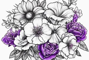 Violet and carnation flowers drawn like wild flowers and the letters SJS tattoo idea