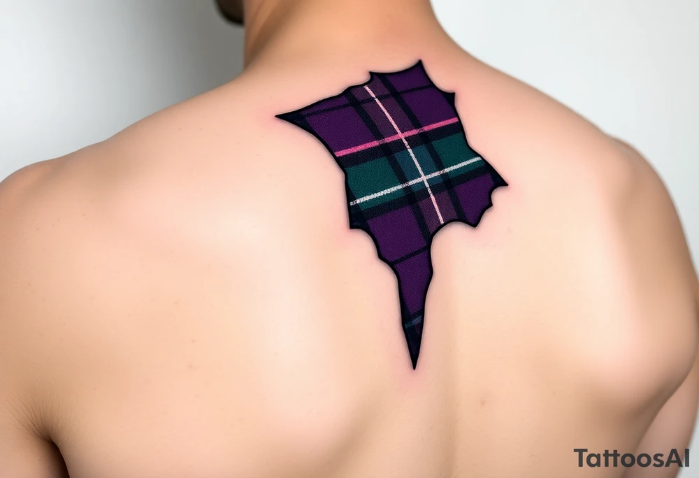 Dark Purple with green pink blue and white highlights tartan fabric with skin around edges peeling and wrapping around side of shoulder tattoo idea