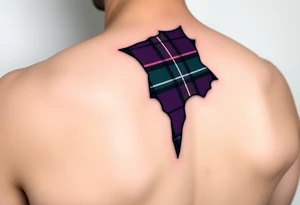Dark Purple with green pink blue and white highlights tartan fabric with skin around edges peeling and wrapping around side of shoulder tattoo idea