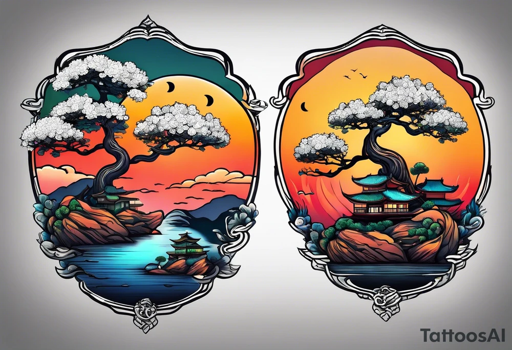 Sunset and little down bonsai trees tattoo idea