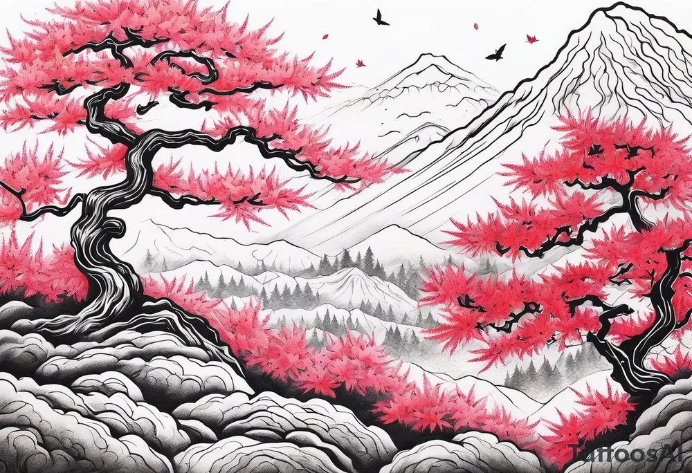 Japanese maple and cherry blossom
 forest tattoo idea