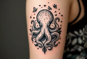cute octopus, friendly, surrounded by butterflies and oceanic items, brown ink tattoo idea