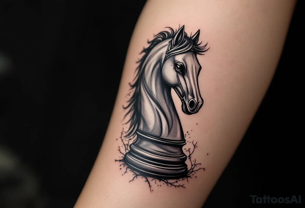 a knight of chess piece. it doesn't have legs, it's a chess piece. 
The knight piece is depicted in motion, slightly tilted forward as if it's charging or coming out of the shadows. The knight’s face is detailed but with a focus on the horse's strong features: its mane flowing in the wind, and the body etched with intricate details to represent strength and agility. The knight is emerging from a shadow, with the front part of the body illuminated in soft, warm light. The shadowed portions near the back and tail create a mystical aura. tattoo idea