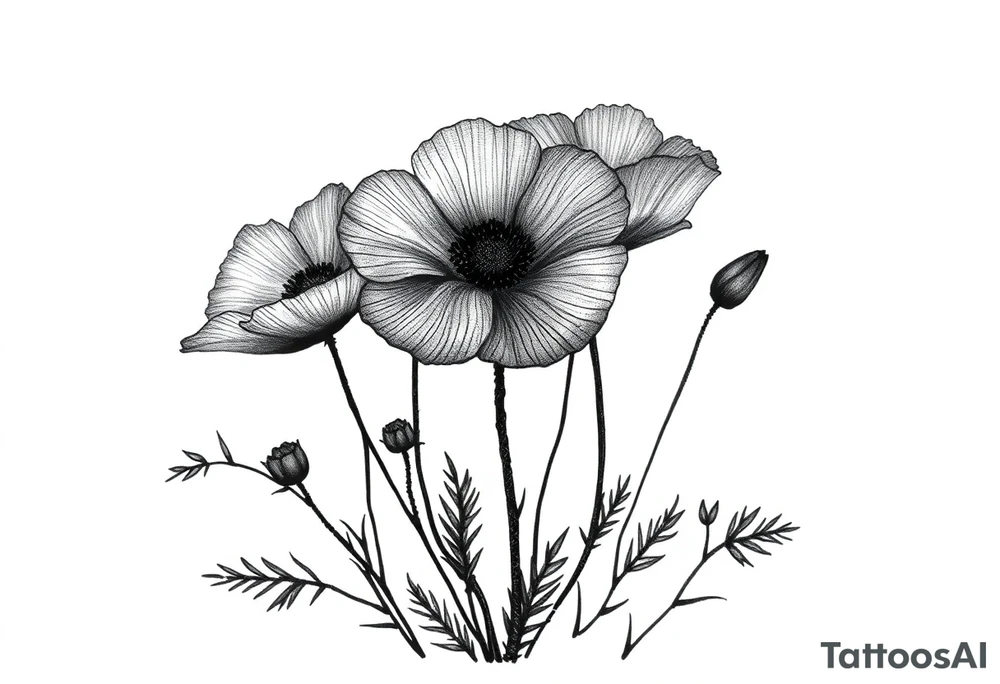 A cluster of wildflowers or poppies, with solid black shadows at the base and lighter stippling toward the petals.
The sun’s rays could be subtly hinted at with negative space, giving the illusion of light breaking through. tattoo idea