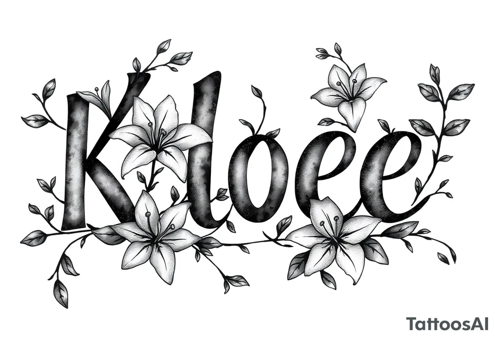 The word Kloee surrounded by lilies with the vines in letters tattoo idea