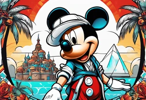 mickey mouse assassins creed character that is in the style of tron with palm trees tattoo idea