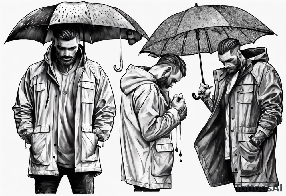 A man in a rain coat holding an umbrella tattoo idea