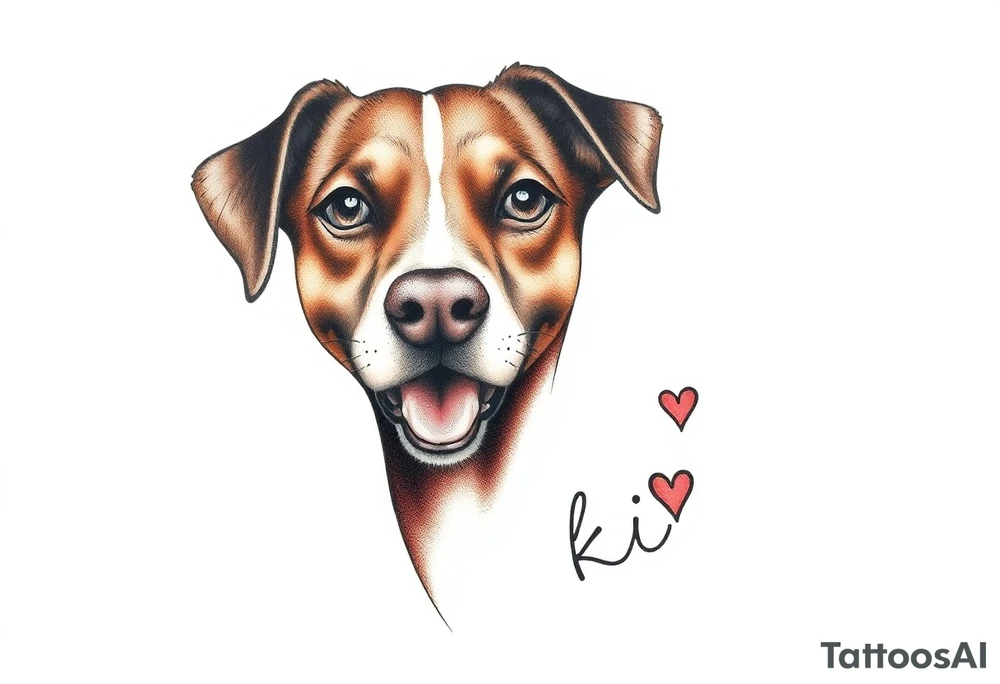 One line tattoo of female dog with white strip going up dog’s snout slightly off centered. Brown brindled and the dogs tongue slightly out with  the name kiwi and Just the colors black  white brown with a small heart near by tattoo idea