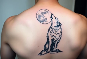 lone wolf howling at full moon with northern lights backdrop tattoo idea