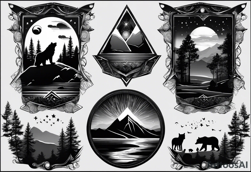 Full sleeve tattoo in black and white colore. The design should include space, stars, forest, sunset, mountains, cliffs, waterfall, water, ocean, wild animals (bear, wolves, elephant), and inserts of triangles and geometric figures. I have two children – a son, Sergei (the eldest), and a daughter, Anna, who live with me and my wife. But I also have another daughter, Marianna, whom I haven't seen for a long time and eagerly await to meet. The tattoo should symbolize love and protection for my children and family, the desire to secure their future, and confidence in tomorrow. It should reflect the notion of not looking back, but always moving forward and achieving goals! tattoo idea
