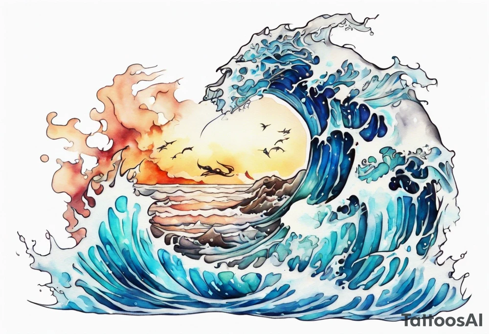 a beautiful glass statue standing in crashing waves tattoo idea