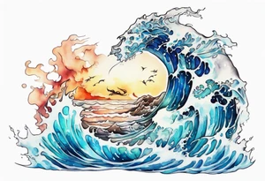 a beautiful glass statue standing in crashing waves tattoo idea