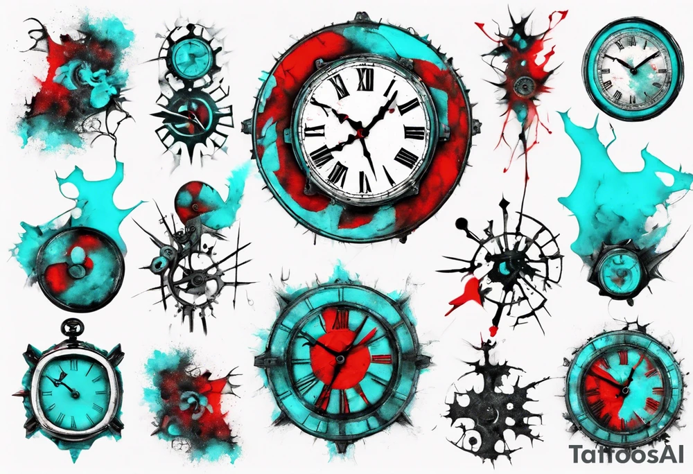 Xoil and Banksy art style, old clock, abstract,  cyan and red, acquarel, fractal, science, chaos, entropy,  cold tattoo idea