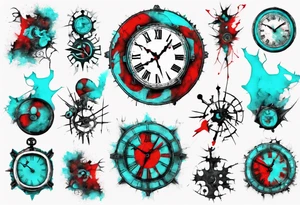 Xoil and Banksy art style, old clock, abstract,  cyan and red, acquarel, fractal, science, chaos, entropy,  cold tattoo idea
